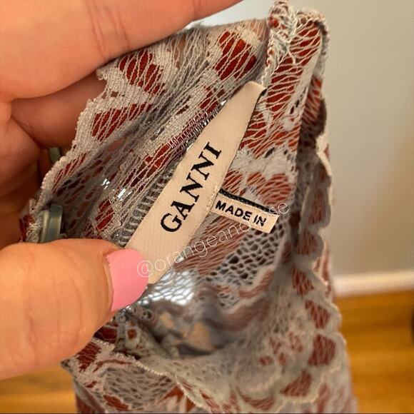 GANNI Blue Red Floral Lace Mockneck Long Sleeve Formal Mini Dress Comfy Event S - Picture 13 of 16